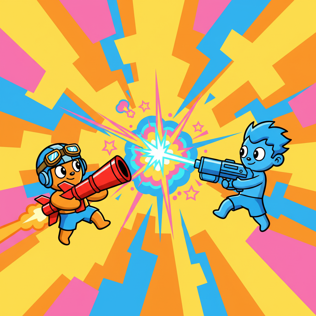 Gun Mayhem Unblocked cartoon characters firing colorful weapons during an exciting battle.