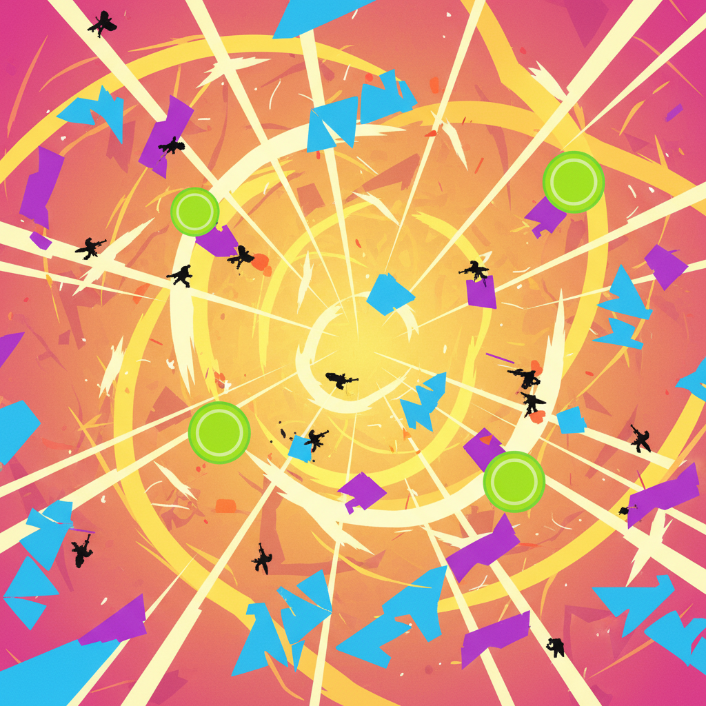 Gun Mayhem Unblocked vibrant arena with floating platforms and scattered colorful elements.