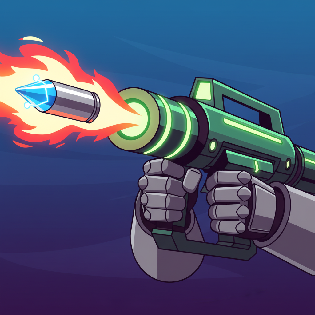 Gun Mayhem Unblocked character's hands holding a glowing grenade launcher, preparing to shoot.