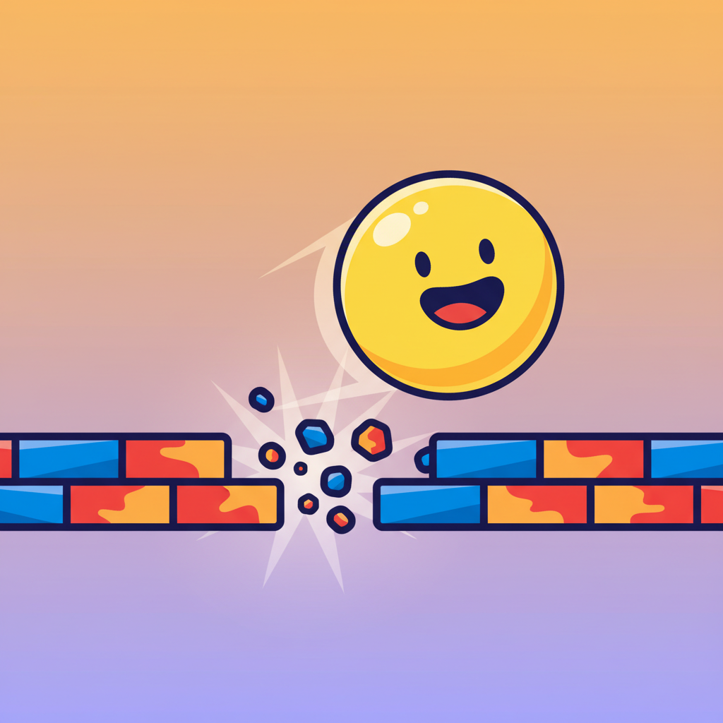 Idle Breakout yellow ball smashing colorful bricks, starting the game