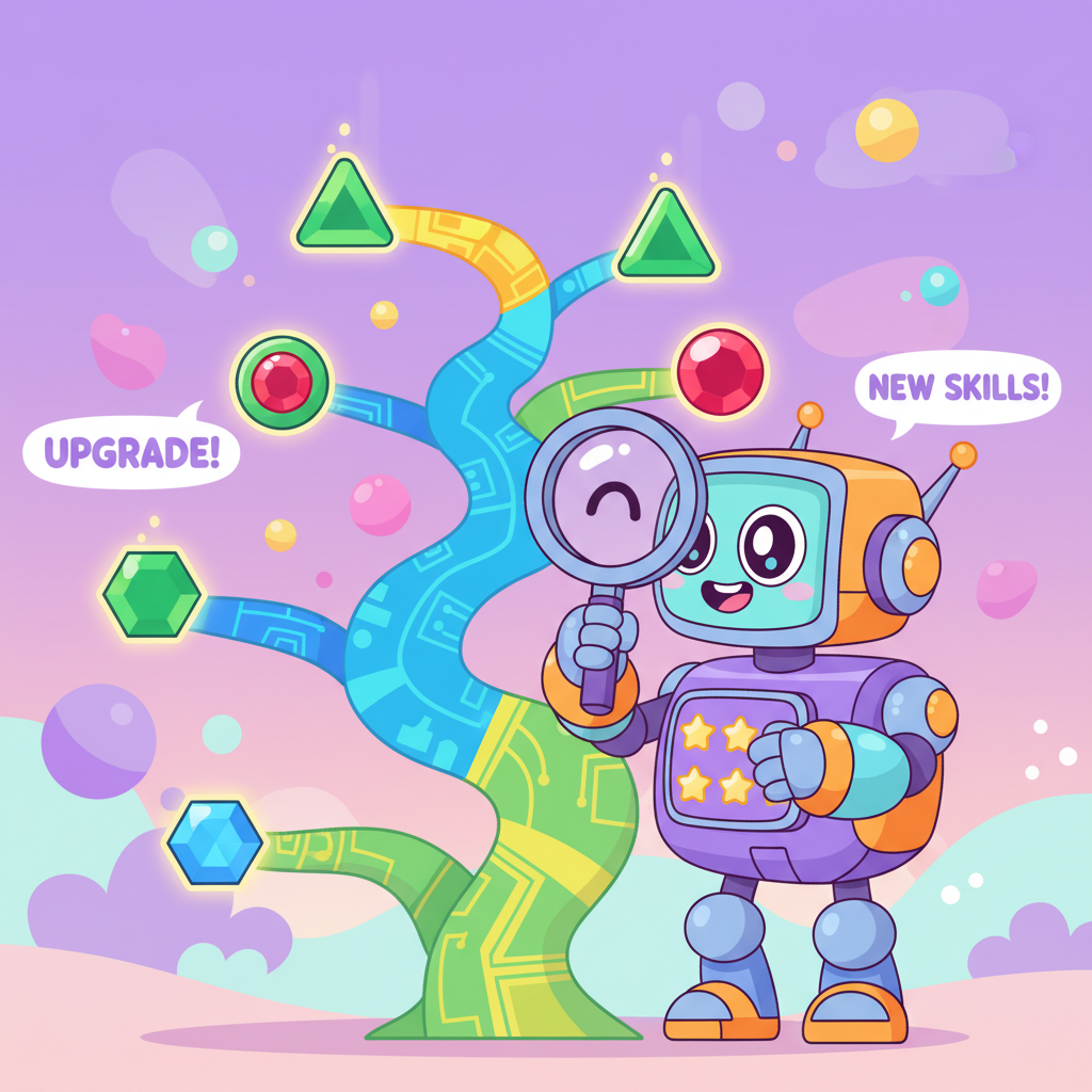 Idle Breakout robot character examining colorful upgrade tree with magnifying glass
