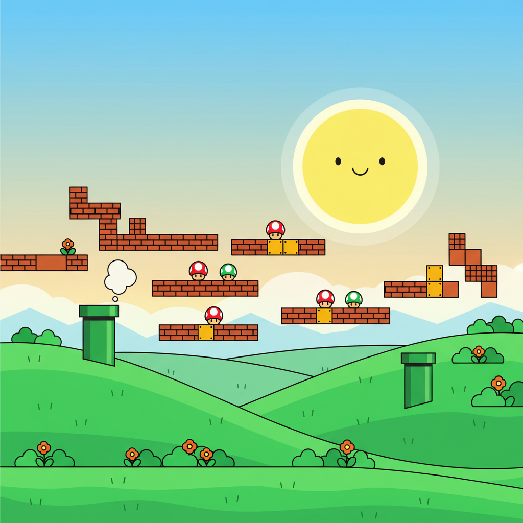 Mario Games Unblocked wide view of a colorful, classic Mario level with platforms and pipes.