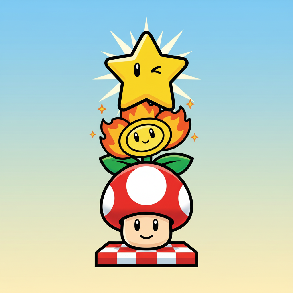 Mario Games Unblocked collection of Super Mario power-up items: Mushroom, Fire Flower, Star.