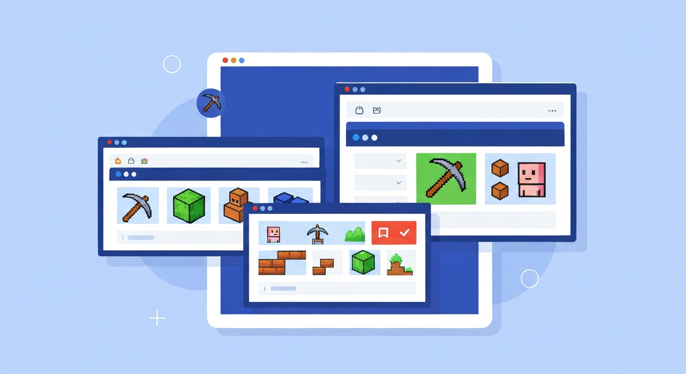 {'section': 'Free Browser Games Similar to Minecraft (No Download Required)', 'prompt': 'Modern flat illustration depict