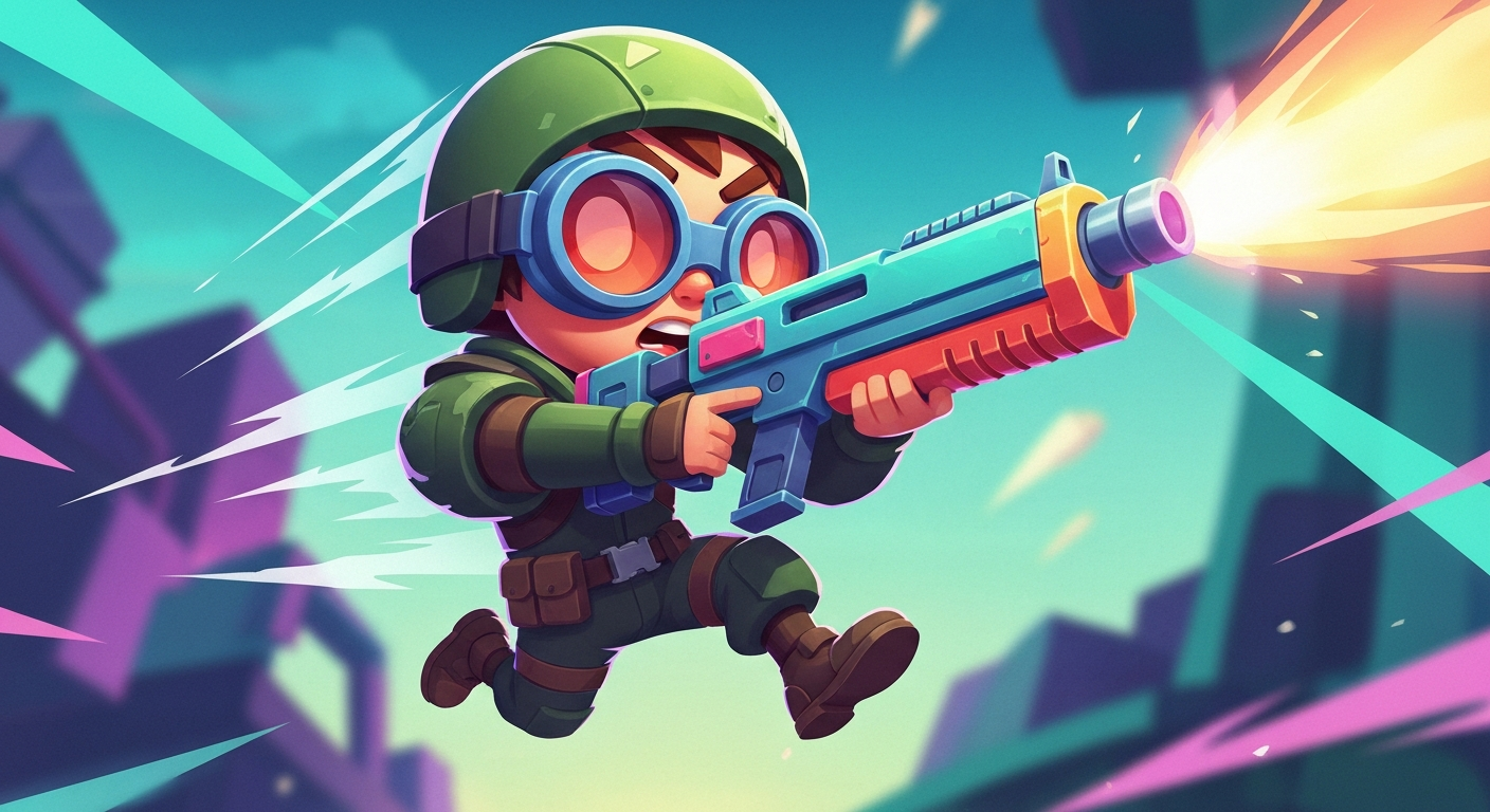 Mini Royale Nations cartoon soldier jumping and aiming a bright weapon on a colorful battlefield.