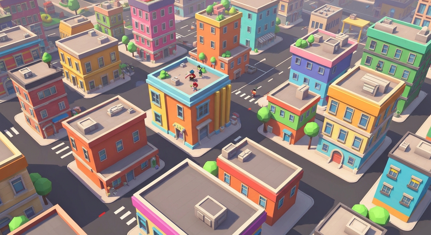 Mini Royale Nations colorful cartoon city map with small characters moving on rooftops and streets.