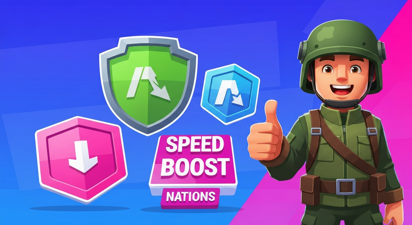 Mini Royale Nations cartoon character giving thumbs up with colorful power-up icons and strategy tips.