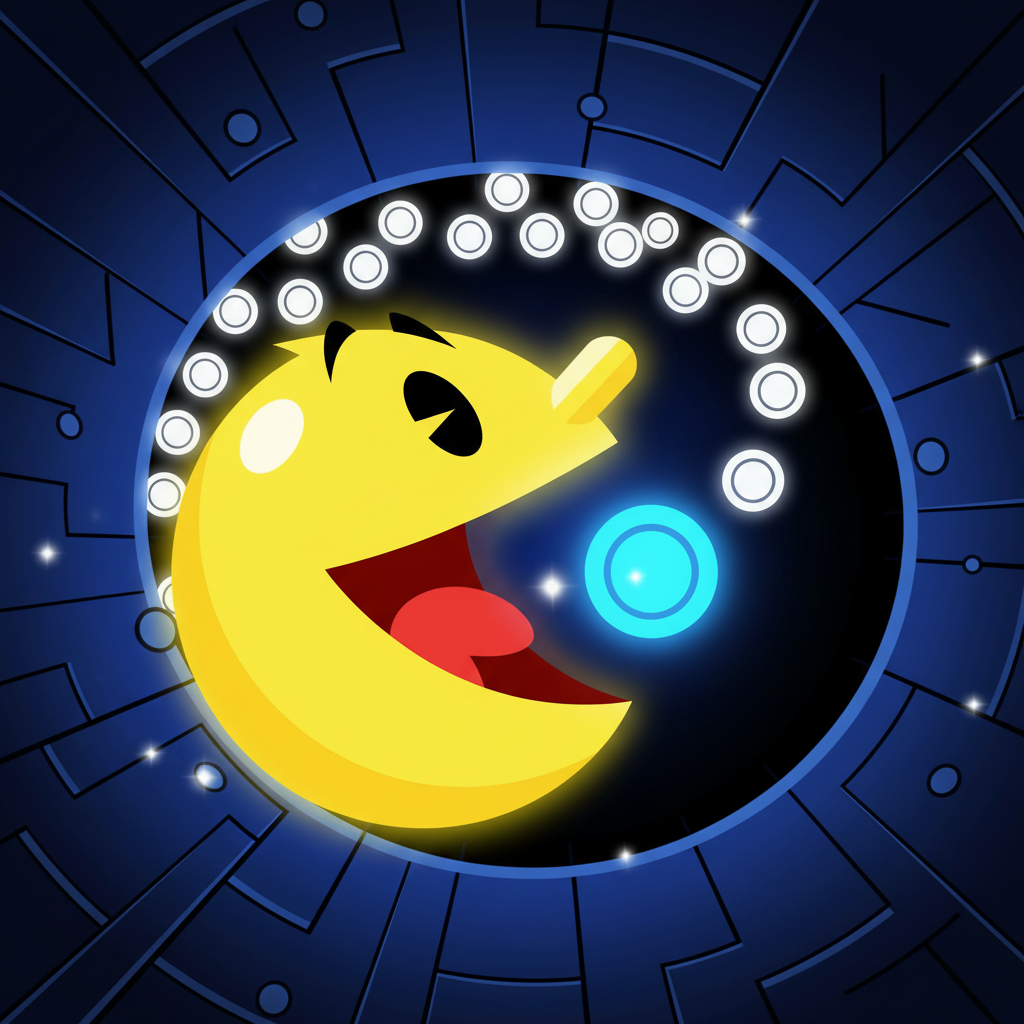 Pac-Man Unblocked Pac-Man eating a blue dot in a maze tunnel