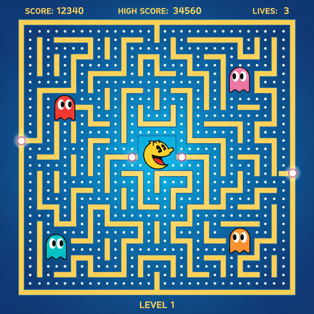 Pac-Man Unblocked overview of a full maze level with Pac-Man and ghosts