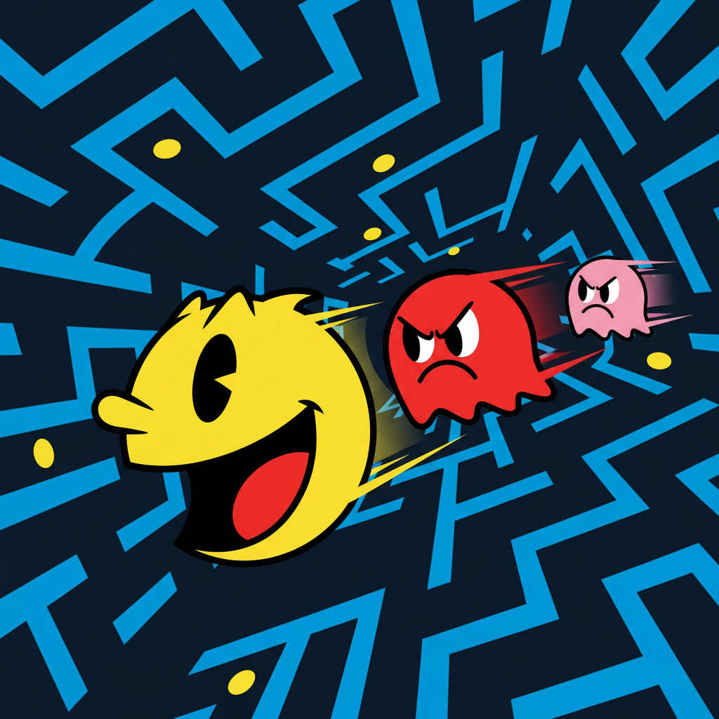 Pac-Man Unblocked Pac-Man evading a red ghost in a narrow maze corridor