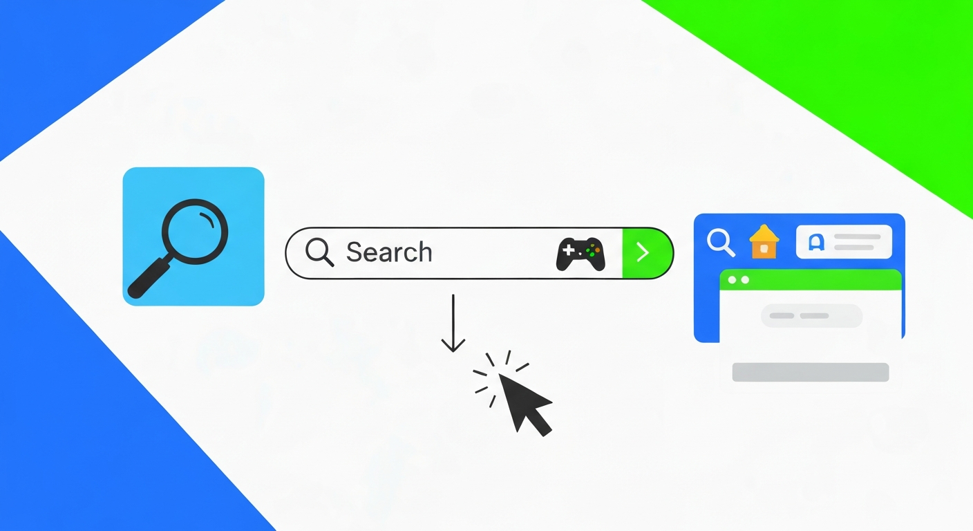 Infographic showing steps to play games on Google Search with icons for search, game access, and play.