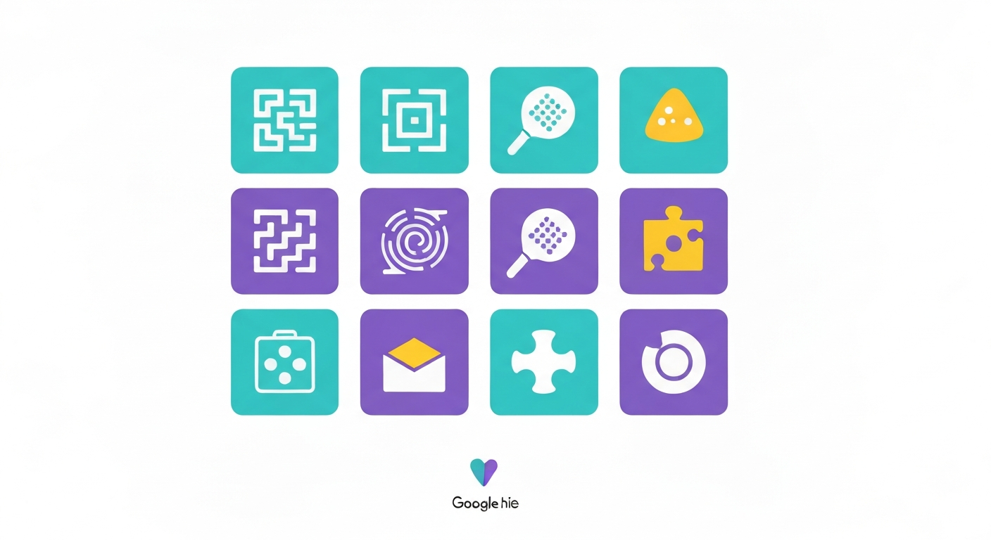 Infographic showcasing a grid of diverse game icons representing a comprehensive list of Google Search games.