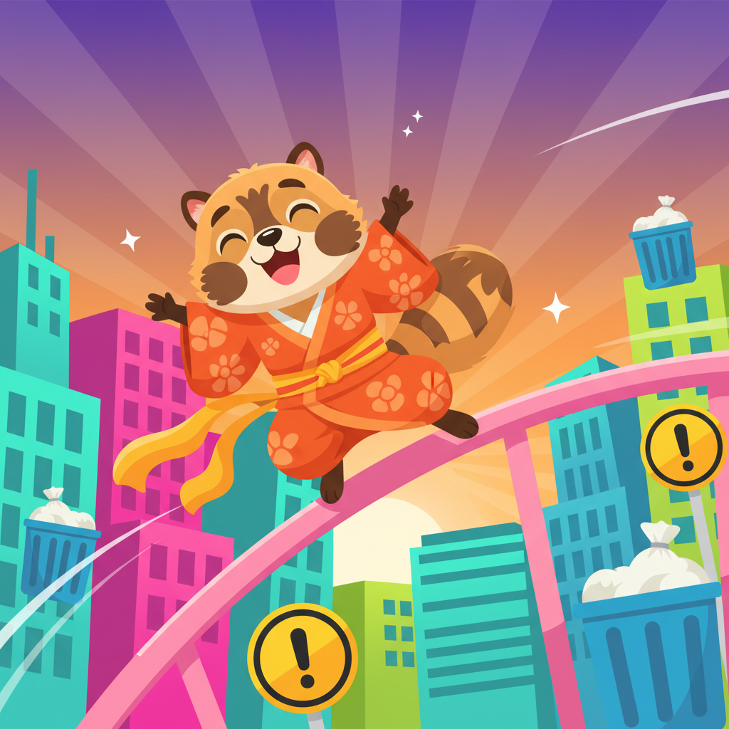 Tanuki Sunset Tanuki sliding on a railing through a colorful cartoon city