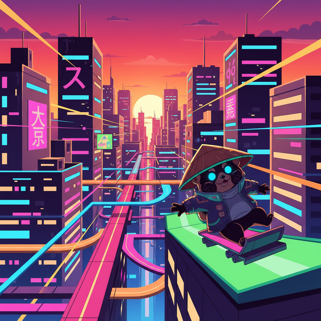 Tanuki Sunset wide view of a neon city with a Tanuki character sliding on rooftops