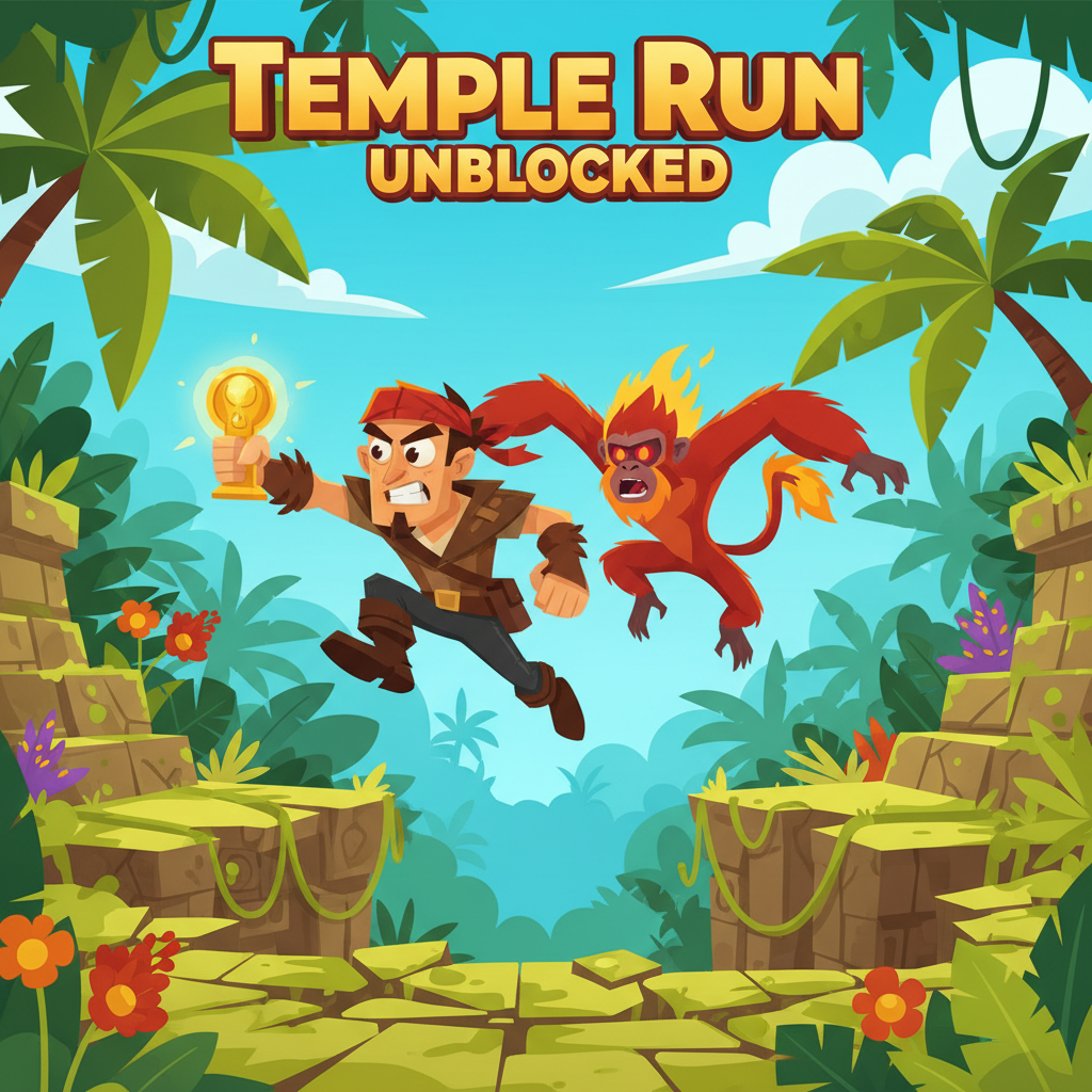 Temple Run Unblocked explorer leaps over a gap while pursued by a monkey.