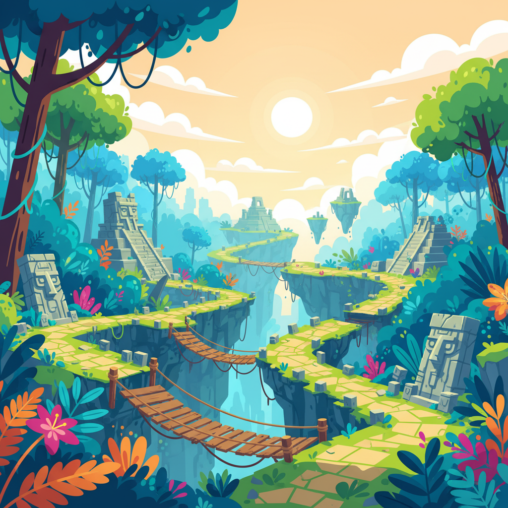 Temple Run Unblocked jungle path overview with ancient ruins and vibrant jungle.