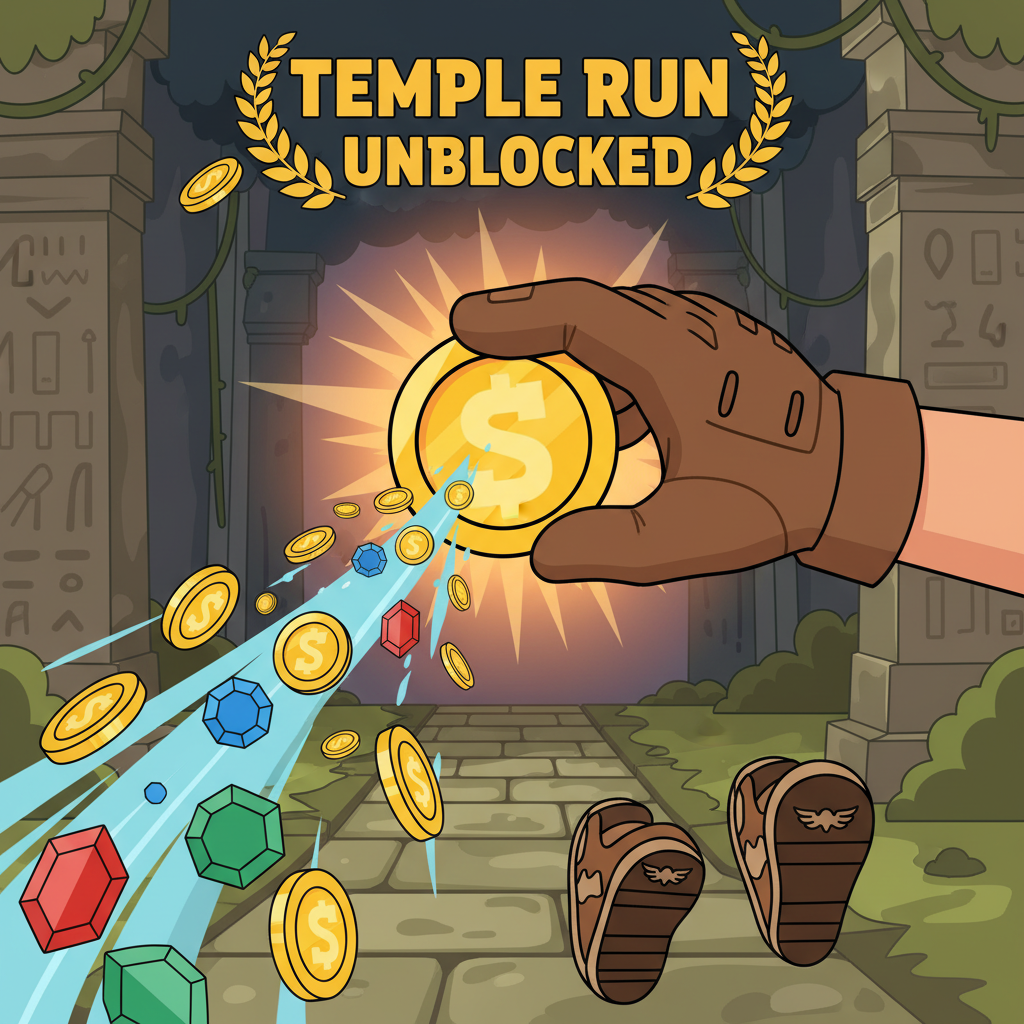 Temple Run Unblocked explorer collecting power-up coins on a temple path.