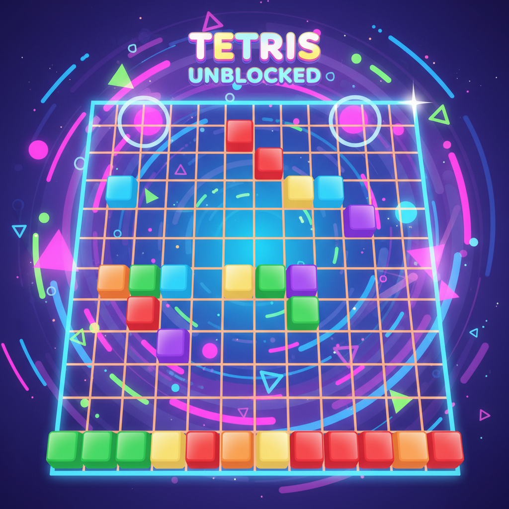 Tetris Unblocked game board landscape with colorful falling blocks and abstract background