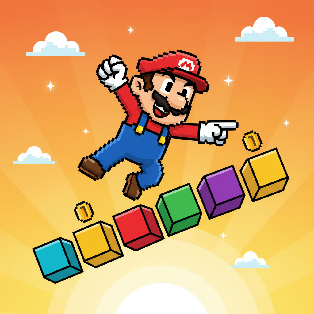 Mario Browser Games pixelated plumber jumping over blocks in a sunrise background