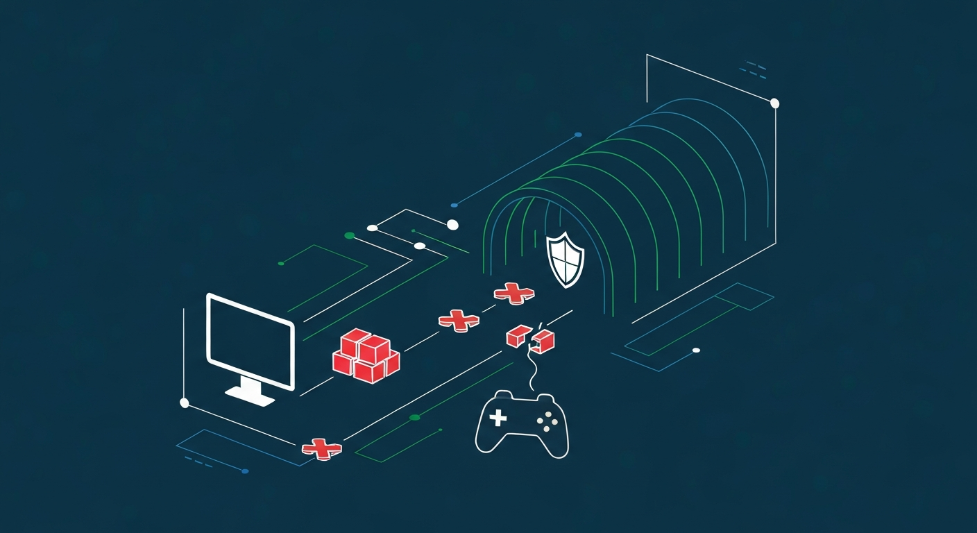 Unblock games network: secure VPN tunnel graphic connecting user to game servers safely.