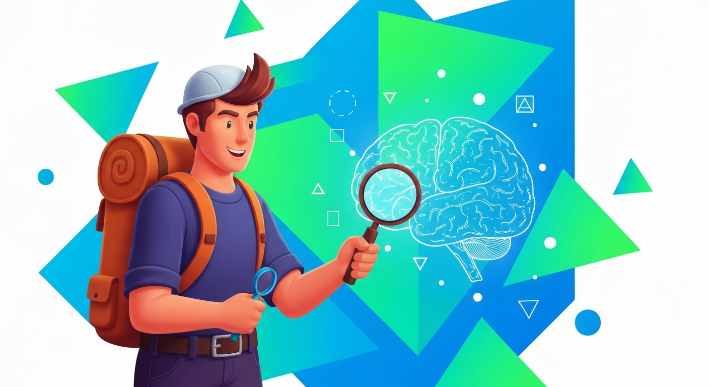 Study break adventure game character analyzing a brain blueprint with a magnifying glass.