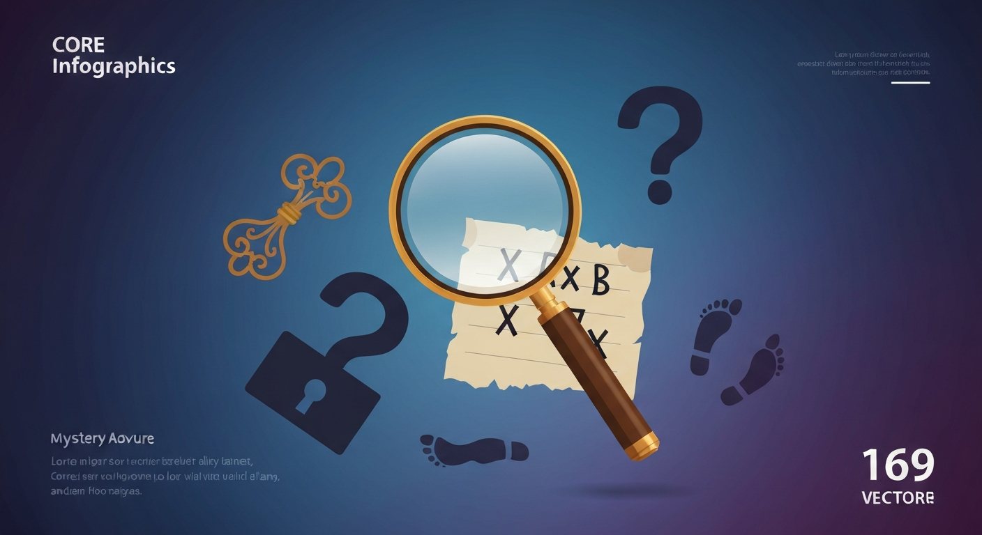 Mystery adventure game elements: magnifying glass over clues like keys, question marks, and footprints.