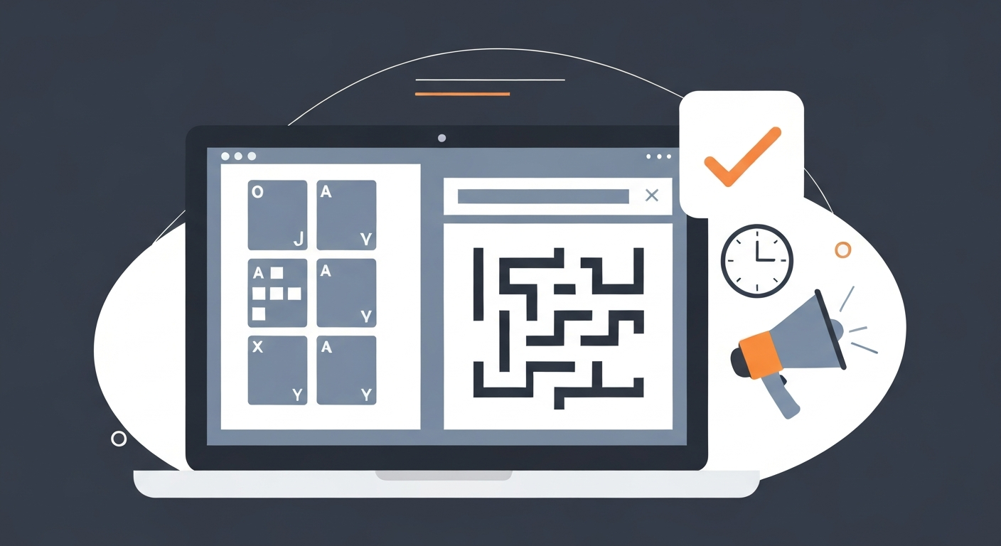 Illustration of discreet, low-bandwidth games for work, featuring minimalist game interfaces and efficiency icons.