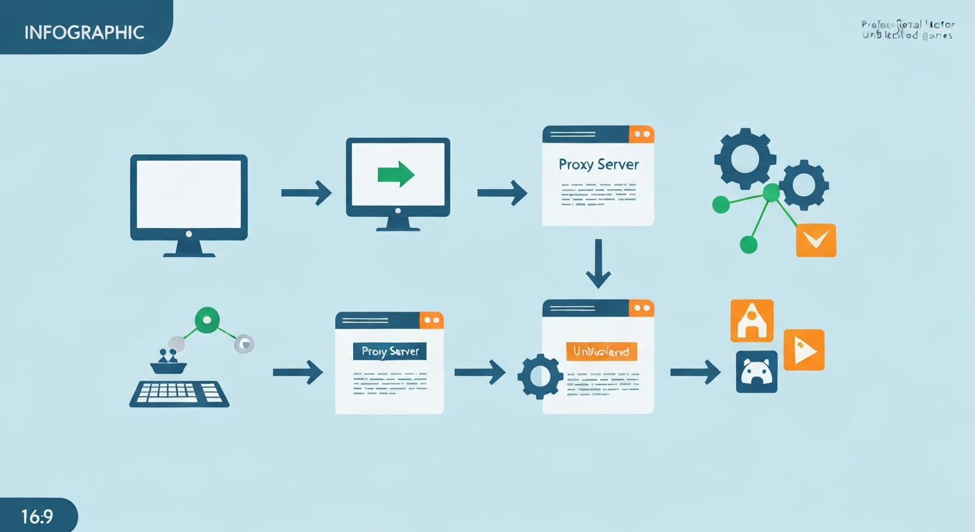 Infographic showing how to set up a proxy server for unblocked games with clear, sequential steps.