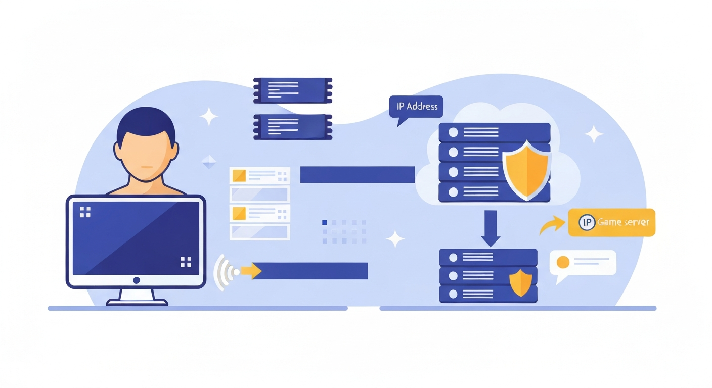 Conceptual illustration of proxy server function for gamers, showing device, proxy, and game server connection.