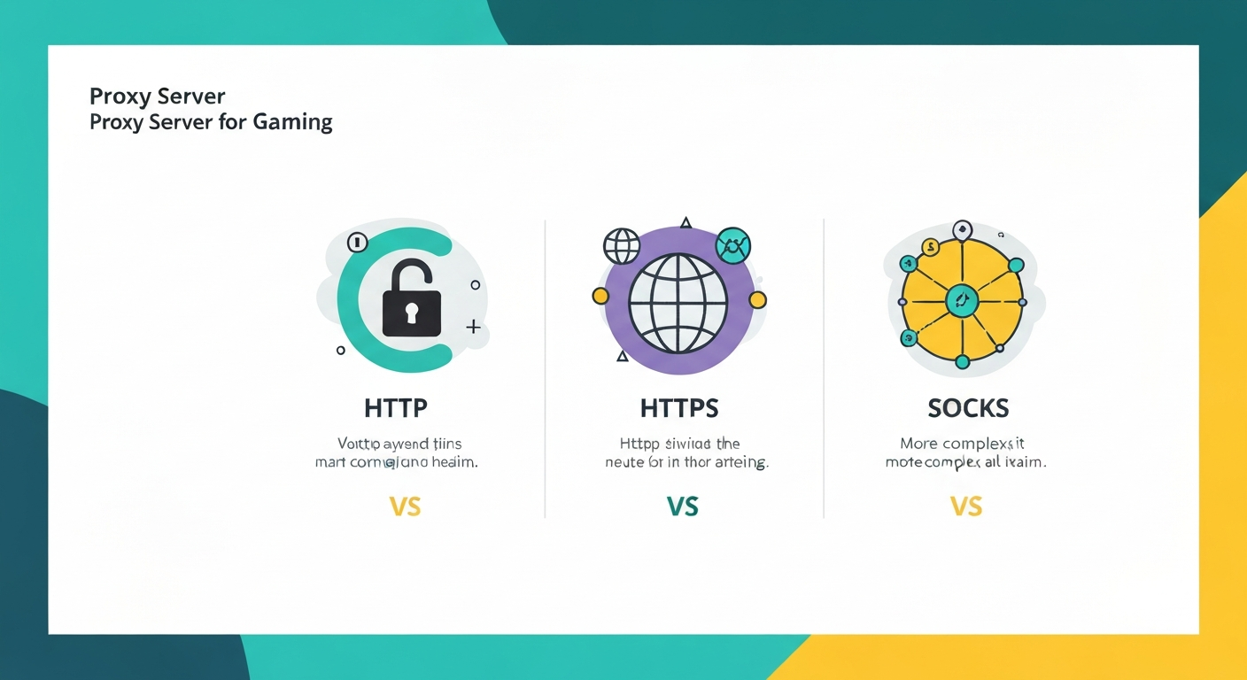 Infographic comparing HTTP, HTTPS, and SOCKS proxy types for gaming with distinct visual representations.